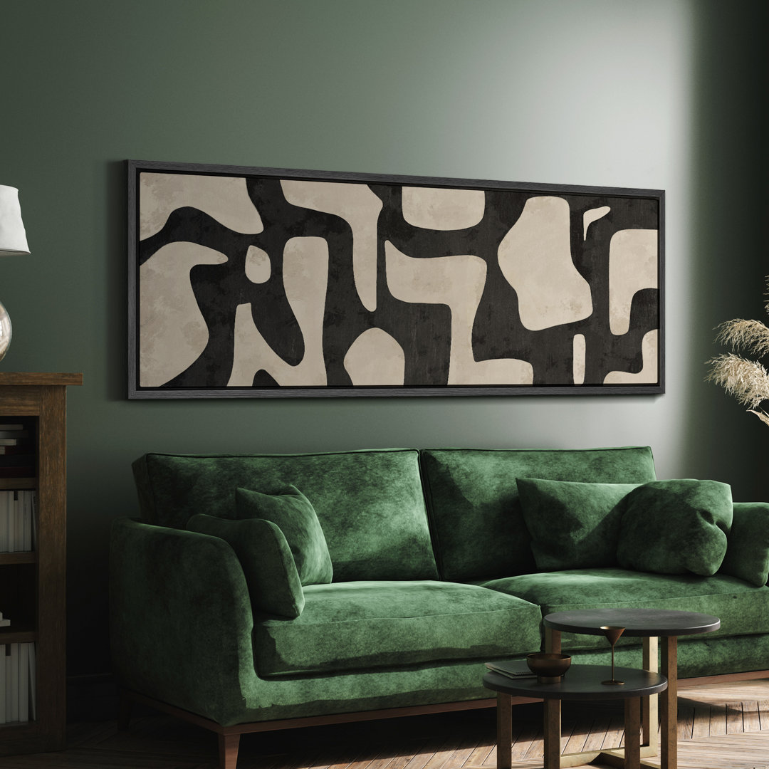 Mid Century Shape Abstract Contours, Black And White Beige Artwork, Retro Bedroom Home Decor, Extra Large Framed Canvas Print Wall Art